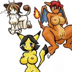  big_breasts black_hair blue_eyes breasts brown_eyes brown_hair charizard female hair meowth nintendo pikachu pok&#233;mon pok&#233;morph pokemon pussy red_hair video_games 