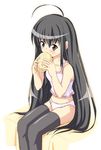  bed black_eyes black_hair bread camisole food long_hair melon_bread non-web_source panties shakugan_no_shana shana sitting solo thighhighs underwear white_panties 