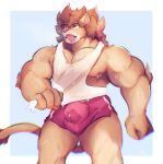  2020 anthro bodily_fluids bottomwear bulge clothed clothing felid hi_res lion makowolf1 male mammal muscular muscular_anthro muscular_male nipples pantherine shirt shorts simple_background solo sweat tank_top tongue tongue_out topwear 