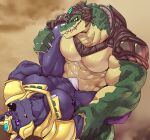  abs anthro biceps bulge canid canine carrying crocodilian duo green_body hi_res istani league_of_legends male mammal muscular muscular_anthro muscular_male nasus_(lol) nipples pecs purple_body purple_eyes renekton reptile riot_games scalie smile smirk teeth video_games yellow_eyes 