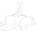  anthro chilling clothed clothing erection furniture jcfireescape lagomorph leporid male mammal partially_clothed rabbit reagan_(yeahhotel) relaxing sitting sofa solo 