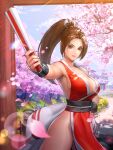  armpits breasts cherry_blossoms closed_fan closed_mouth fan fatal_fury fighting_game folding_fan high_ponytail highres holding holding_fan large_breasts ninja official_art pelvic_curtain ponytail revealing_clothes shiranui_mai sideboob snk the_king_of_fighters the_king_of_fighters_all-stars 