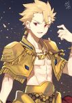  1boy abs archer_(fate/prototype) armor bare_pecs blonde_hair collarbone earrings enki_(fate/prototype) eyebrows_visible_through_hair fate/prototype fate_(series) fringe_trim gold_armor jewelry looking_at_viewer male_focus necklace nikame open_clothes open_mouth pectorals red_eyes smile solo spiked_hair 