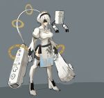  1girl absurdres alternate_color black_blindfold blindfold breasts cleavage_cutout clothing_cutout controller dress full_body game_console game_controller grey_background hairband highres medium_breasts nier_(series) nier_automata parody pun saiykik short_hair side_slit sketch solo standing thighhighs white_dress white_footwear wii wii_remote yorha_no._2_type_b 