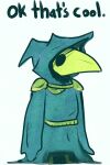  2017 animal_mask anthro avian beak beak_mask cloak clothed clothing dialogue english_text green_beak headgear hood hoodie knight male mask plague_doctor plague_knight reaction_image rosemary-the-skunk shovel_knight simple_background solo soulless_eyes standing text topwear video_games warrior white_background wide_eyed yacht_club_games 