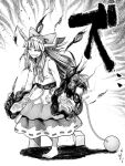  1girl arms_at_sides aura bangs bare_arms bare_shoulders barefoot blunt_bangs bow chain commentary_request cube cuffs dress fang full_body greyscale grin hair_bow half-closed_eyes horn_ornament horn_ribbon horns ibuki_suika koyubi_(littlefinger1988) long_hair looking_afar low-tied_long_hair monochrome oni pyramid_(geometry) ribbon sleeveless sleeveless_dress smile solo sphere teeth toes touhou very_long_hair walking 