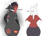  anthro big_breasts big_butt black_body bottomwear bovid bovine breasts butt caprine caprine_demon clothing demon dialogue dress_shirt duo female female/female goat_demon goat_lucifer_(helltaker) hair helltaker hi_res horn hybrid mammal pants photolol.03 shirt thick_thighs topwear white_body wide_hips 