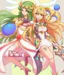  2girls armlet bangs bare_shoulders belt blonde_hair breasts chest_jewel cleavage cleavage_cutout clothing_cutout dress earrings elbow_gloves enni forehead_jewel gem gloves goddess green_eyes green_hair headpiece high_heels jewelry kid_icarus kid_icarus_uprising large_breasts laurel_crown legs long_hair long_legs looking_at_viewer multiple_belts multiple_girls mythra_(xenoblade) necklace open_mouth palutena pendant sandals shield short_dress side_slit single_thighhigh smile staff strapless strapless_dress super_smash_bros. swept_bangs sword thigh_strap thighhighs thighs tiara vambraces very_long_hair weapon white_dress white_footwear white_gloves white_legwear xenoblade_chronicles_(series) xenoblade_chronicles_2 yellow_eyes 