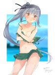  1girl :q artist_name bangs bikini bikini_skirt black_ribbon blush breast_slip breasts brown_eyes closed_mouth commentary_request cowboy_shot dated eyebrows_visible_through_hair green_bikini grey_hair hair_ribbon kantai_collection kasumi_(kancolle) long_hair looking_at_viewer navel partial_commentary ribbon saiki_yuzuri side_ponytail signature small_breasts smile solo standing sweatdrop swimsuit tongue tongue_out wind wind_lift 