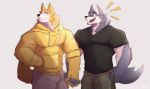  2020 anthro bottomwear canid canine canis censored clothed clothing duo hand_holding hi_res hoodie humor makowolf1 male mammal muscular muscular_anthro muscular_male open_mouth open_smile pants shirt simple_background smile standing topwear white_background wolf 