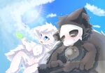  ambiguous_gender anthro black_body black_fur bloom blue_eyes blush bodily_fluids canid canine canis changed_(video_game) cloud duo food fur hi_res lin_(changed) male mammal mavel open_mouth popsicle puro_(changed) sitting sky sun sweat white_body white_fur wolf 
