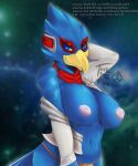  2019 5:6 anthro areola avian bandanna beak bedroom_eyes big_breasts bird blue_body blue_eyes blue_feathers blue_tail_feathers bra breasts clothed clothing coat crossgender curvy_figure digital_media_(artwork) eye_markings eyelashes falco_lombardi feathers female front_view hand_behind_head hi_res kerchief lingerie looking_at_viewer markings midriff mtf_crossgender multicolored_body multicolored_feathers narrowed_eyes navel nintendo nipples non-mammal_breasts non-mammal_navel non-mammal_nipples panties pink_areola pink_nipples pinup portrait pose red_bandanna red_kerchief red_markings seductive signature skimpy smile smiling_at_viewer solo space spacescape star_fox tail_feathers text the_psi_fox thick_thighs three-quarter_portrait topwear underwear undressing url video_games wide_hips yellow_beak 