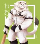  2021 anthro baseball_(sport) baseball_bat bat_(object) bulge clothing felid footwear green_background hi_res leo_(saitama_seibu_lions) lion looking_at_viewer makowolf1 male mammal mane mascot muscular muscular_anthro muscular_male nippon_professional_baseball pantherine saitama_seibu_lions shirt simple_background smile socks solo sport standing topwear underwear 