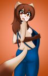  absurd_res anthro blush breasts brown_body brown_fur brown_hair butt canid canine clothed clothing erdfurry featureless_breasts female fur gloves_(marking) hair hi_res mammal markings multicolored_body multicolored_fur orange_eyes overalls phal_(skyline) side_boob simple_background skyline_(comic) small_breasts smile solo webcomic webcomic_character zedian 