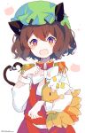  1girl :d absurdres animal_ears bangs blush_stickers bow bowtie bright_pupils brown_hair cat_ears cat_tail chen eyebrows_visible_through_hair fang gold_trim green_headwear hair_between_eyes hat heart heart_tail highres holding jewelry looking_at_viewer mob_cap multiple_tails nekomata open_mouth pillow_hat red_skirt red_vest short_hair simple_background single_earring skirt skirt_set smile solo tail touhou two_tails umemaro_(siona0908) upper_body vest white_background white_bow white_headwear white_neckwear white_pupils yakumo_ran yakumo_ran_(fox) 