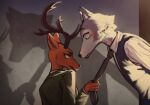  anthro beastars biped canid canine canis cervid clothed clothing duo eye_contact horn legoshi_(beastars) looking_at_another louis_(beastars) male mammal necktie shadow smile torixpeach wolf 