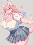  &lt;3 4_fingers anthro blue_highlights blush bottomwear braided_hair breasts canid canine chest_tuft cleavage clothed clothing cute_fangs ear_piercing female fingers fur gesture grey_background hair hi_res highlights_(coloring) inner_ear_fluff long_hair mammal open_mouth piercing pink_body pink_fur pink_hair portrait sgsix simple_background skirt solo three-quarter_portrait tuft v_sign 