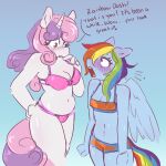  2021 aged_up anthro anthrofied blue_body blush bra breast_size_difference breasts cleavage clothed clothing currentlytr_ash dialogue duo english_text equid equine female friendship_is_magic hair hi_res horn mammal multicolored_hair my_little_pony nipple_outline panties pegasus purple_hair rainbow_dash_(mlp) rainbow_hair sweetie_belle_(mlp) text underwear unicorn white_body wings 