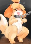  absurd_res animal_crossing anthro bodily_fluids canid canine canis chain collar crouching domestic_dog female genital_fluids genitals hi_res isabelle_(animal_crossing) mammal nintendo nipples petplay pussy pussy_juice roleplay solo type video_games 