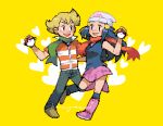  1boy 1girl barry_(pokemon) beanie blonde_hair blush boots brown_eyes commentary_request dawn_(pokemon) eye_contact eyelashes green_scarf hair_ornament hairclip hand_up hat heart holding holding_poke_ball hunnyamai long_hair looking_at_another open_mouth orange_scarf over-kneehighs pants pink_footwear pixel_art poke_ball poke_ball_(basic) pokemon pokemon_(game) pokemon_dppt scarf shoes signature smile teeth thighhighs yellow_background 