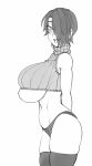  1girl :d arm_behind_back black_hair black_legwear black_panties blush breasts commentary duplicate english_commentary greyscale hair_over_one_eye huge_breasts looking_at_viewer monochrome mouth_visible_through_hair navel open_mouth original panties saya_(twrlare) short_hair sketch skindentation sleeveless_sweater smile solo sweater thighhighs thighs triangle_mouth turtleneck twrlare underboob undersized_clothes underwear 