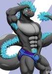  2020 abs absurd_res anthro armpit_hair armpit_tuft blue_body blue_eyes blue_fur blue_hair blue_scales blue_spots body_hair bulge claws clothed clothing digital_drawing_(artwork) digital_media_(artwork) dragon fur furred_dragon grabbing hair hi_res holykittydream horn jockstrap looking_at_viewer louis_(holykittydream) male male/male muscular muscular_anthro muscular_male pecs portrait pubes reptile scales scalie sharp_teeth signature simple_background smile solo spots tail_tuft teeth topless tuft underwear 