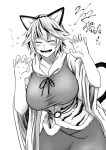  1girl animal_ears animal_print bangs blush breasts cat_day cat_ears cat_girl cat_tail claw_pose closed_mouth collarbone commentary_request corset dress eyebrows_visible_through_hair facing_viewer fangs flying_sweatdrops greyscale hands_up huge_breasts kemonomimi_mode koyubi_(littlefinger1988) monochrome multicolored_hair open_mouth short_hair smile solo streaked_hair tail taut_clothes taut_dress tiger_print toramaru_shou touhou wide_sleeves 