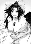  1girl alternate_costume bare_legs bare_shoulders bird_wings blush bow breasts cleavage clothes_pull collarbone commentary_request downblouse from_above greyscale hair_bow half-closed_eyes huge_breasts koyubi_(littlefinger1988) leaning_forward long_hair long_sleeves looking_at_viewer monochrome no_pants off-shoulder_sweater off_shoulder pulled_by_self reiuji_utsuho seductive_smile sitting slit_pupils smile solo sweater sweater_pull teasing third_eye touhou translation_request unaligned_breasts wings 