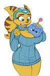  alien angela_cross antennae_(anatomy) anthro between_breasts big_breasts blue_body blue_clothing blue_eyes blue_fur blue_hair bottomless breasts brown_stripes cleavage cleavage_cutout clothed clothing colored colored_sketch curvaceous curvy_figure edit felid feline female fur hair half-closed_eyes hand_on_head headgear headwear hi_res keyhole_turtleneck lombax looking_at_another looking_at_viewer mammal narrowed_eyes omegasunburst open_mouth ponytail protopet ratchet_and_clank ribbed_clothing ribbed_sweater simple_background sketch sony_corporation sony_interactive_entertainment stripes sweater thick_thighs topwear video_games voluptuous white_background wide_hips yellow_body yellow_fur 