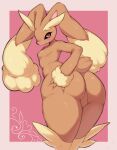  91o42 anthro big_butt big_ears black_sclera blush bodily_fluids breasts brown_body brown_fur butt butt_focus butt_squish deep_skin featureless_breasts featureless_crotch female fur hand_on_butt hi_res huge_butt lagomorph long_ears looking_at_viewer looking_back lopunny mammal nintendo pok&eacute;mon pok&eacute;mon_(species) portrait presenting presenting_hindquarters rear_view red_eyes scut_tail seductive simple_background small_breasts small_waist solo squish sweat thick_thighs three-quarter_portrait three-quarter_view video_games 