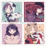  4girls :d ^_^ alolan_form alolan_marowak animal_ear_fluff animal_ears asakura_tooru bangs black_hair black_headwear black_sailor_collar blue_fire blush_stickers bow brown_eyes brown_hair clefable closed_eyes closed_mouth copyright_name crobat crossover eyebrows_behind_hair fang fangs fire fukumaru_koito gen_1_pokemon gen_2_pokemon gen_7_pokemon gradient_hair hair_ornament hairclip hat higuchi_madoka hood hood_up ichikawa_hinana idolmaster idolmaster_shiny_colors lycanroc lycanroc_(midnight) multicolored_hair multiple_girls noctchill_(idolmaster) nonaprev open_mouth orange_neckwear parted_bangs petting plaid_neckwear pokemon pokemon_(creature) purple_bow purple_eyes red_bow red_shirt sailor_collar school_uniform serafuku shirt smile white_shirt 