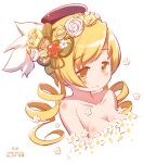  1girl 2018 arms_at_sides bangs bare_arms bare_shoulders beret black_headwear blonde_hair breasts chauke cleavage closed_mouth collarbone cropped_torso dot_nose drill_hair eyebrows_visible_through_hair feathers flower flower_censor hair_flower hair_ornament half-closed_eyes happy hat large_breasts leaf_hair_ornament light_blush light_smile looking_at_viewer mahou_shoujo_madoka_magica orange_flower rose shiny shiny_hair shiny_skin shoulder_blush simple_background solo soul_gem swept_bangs tomoe_mami twin_drills white_background white_flower white_rose yellow_eyes yellow_flower yellow_rose 