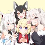  4girls ahoge animal_ears bangs bare_shoulders black_hair blonde_hair blue_eyes blush brown_eyes detached_sleeves drooling fang felutiahime fox_ears fox_girl fur-trimmed_sleeves fur_trim green_eyes grey_hair hair_ornament hairclip highres hololive horns lion_ears lion_girl looking_at_viewer multiple_girls one_eye_closed ookami_mio open_mouth purple_eyes sheep_girl sheep_horns shirakami_fubuki shishiro_botan tsunomaki_watame white_hair wolf_ears wolf_girl 