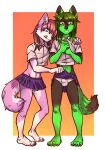  anthro bottomwear bulge canid canine canis clothed clothing clothing_lift crossdressing domestic_dog duo embarrassed fur girly green_body green_fur hi_res husky jacktwf male male/male mammal mr_kotch nervous nordic_sled_dog panties pink_body pink_fur presenting shy skirt skirt_lift spitz teasing underwear wolf 