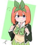  1girl :t bangs black_jacket blazer blue_eyes blush bow closed_mouth collared_shirt commentary_request eyebrows_behind_hair go-toubun_no_hanayome green_background green_bow green_skirt hair_between_eyes jacket kujou_karasuma long_sleeves looking_at_viewer nakano_yotsuba open_blazer open_clothes open_jacket orange_hair pleated_skirt pout shirt signature skirt solo sweater_vest tears two-tone_background wavy_mouth white_background white_shirt 