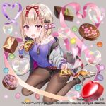  1girl bangs baozi belt black_bow black_legwear blonde_hair blush bob_cut bow bubble chocolate chocolate_bread eyebrows_visible_through_hair food giving hair_bow hair_ornament hair_ribbon hairclip hakuda_tofu heart heart_bubbles heart_of_string highres holding holding_food jacket jewelry long_sleeves looking_at_viewer monster_collect necklace off_shoulder official_art open_mouth pantyhose pink_eyes pink_ribbon purple_shirt red_belt red_ribbon ribbon shirt shoes short_shorts shorts sitting smile sneakers tokugawa_ieyasu_(sengoku_basara) valentine watermark white_bow white_jacket yokozuwari 