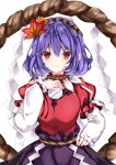  1girl bangs black_skirt blush breasts closed_mouth eyebrows_visible_through_hair hair_between_eyes hair_ornament hand_on_hip hand_up highres leaf_hair_ornament long_sleeves medium_breasts mirror nanase_nao puffy_long_sleeves puffy_short_sleeves puffy_sleeves purple_hair red_eyes red_shirt rope shide shimenawa shirt short_over_long_sleeves short_sleeves simple_background skirt smile solo touhou white_background white_shirt yasaka_kanako 