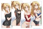  1girl alternate_costume alternate_hairstyle ass back bare_shoulders blonde_hair braid breasts camisole carton collarbone confused dolphin_shorts fate/apocrypha fate_(series) french_braid glasses green_eyes grey_shorts hair_ornament hair_scrunchie jewelry licking_lips long_hair looking_at_viewer midriff mordred_(fate) mordred_(fate)_(all) multiple_views navel necklace off_shoulder panties ponytail red_camisole refrigerator revision scrunchie semi-rimless_eyewear short_shorts shorts side-tie_panties sidelocks small_breasts swimsuit tonee tongue tongue_out translated underwear white_panties 