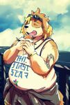  2021 anthro bottomwear burger canid canine canis clothing domestic_dog eyes_closed food ha11nu hi_res hisaki_(live-a-hero) humanoid_hands kemono live-a-hero male mammal outside overweight overweight_anthro overweight_male pants shirt solo topwear video_games 
