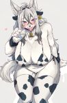  2021 ahoge animal_print anthro big_breasts bikini black_nose blush breasts canid canine clothing collar cow_print cowbell cuffs_(clothing) cute_fangs ear_tag fake_ears fake_horns female fluffy fluffy_tail fur glistening glistening_hair grey_body grey_fur grey_hair hair hi_res holding_object legwear long_hair looking_at_viewer mammal milk_bottle navel portrait purple_eyes sgsix solo swimwear thigh_highs three-quarter_portrait tongue tongue_out translucent translucent_hair 