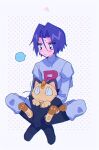  1boy absurdres ameya_(okemu_ame) blush gen_1_pokemon highres james_(pokemon) meowth pokemon pokemon_(anime) pokemon_(creature) sad sitting team_rocket 