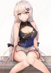  1girl absurdres bangs bare_shoulders black_ribbon breasts brown_eyes china_dress chinese_clothes cleavage closed_mouth dress eyebrows_visible_through_hair girls_frontline grey_hair hair_ribbon highres long_hair looking_at_viewer medium_breasts muteppona_hito ribbon shorts sitting sitting_on_object smile solo svd_(girls_frontline) thighs weapon_case white_background white_shorts 