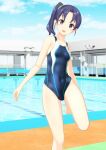  1girl absurdres bench blue_hair blue_sky blue_swimsuit blurry breasts cloud commentary_request covered_navel day depth_of_field feet_out_of_frame high_school_fleet highres long_hair looking_at_viewer outdoors pool poolside purple_eyes side_ponytail sky small_breasts solo standing standing_on_one_leg swimsuit takafumi wazumi_hime 