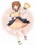  1girl alternate_costume balloon blush bouquet brown_eyes brown_hair capelet dress eyebrows_visible_through_hair flower folded_ponytail full_body hair_between_eyes highres holding holding_balloon holding_bouquet inazuma_(kancolle) kantai_collection long_hair open_mouth orange_dress orange_flower shakemi_(sake_mgmgmg) shoes short_sleeves smile solo white_capelet white_footwear 