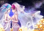  2girls ass blue_hair breasts collarbone copyright_name cowboy_shot floating_hair flower green_eyes hagoromo_lala highres holding_hands hoshina_hikaru interlocked_fingers long_hair medium_hair multiple_girls nipples noyuki1204 nude parted_lips precure red_eyes red_hair shiny shiny_hair small_breasts smile standing star_twinkle_precure twintails yellow_flower yuri 