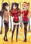  3girls asle bangs beige_jacket black_skirt blonde_hair blue_eyes blush breasts brown_hair brown_legwear ereshkigal_(fate) fate/grand_order fate/stay_night fate_(series) grey_skirt hair_ribbon ishtar_(fate) ishtar_(fate)_(all) jacket long_hair long_sleeves looking_at_viewer medium_breasts multiple_girls open_mouth pantyhose parted_bangs red_eyes red_jacket ribbon scarf skirt smile thighhighs tiara tohsaka_rin two_side_up 