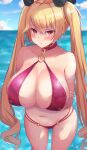  1girl absurdres arms_under_breasts azur_lane bangs bare_shoulders bikini blonde_hair blue_sky blush breasts cleavage collarbone crossed_arms halterneck highres large_breasts long_hair looking_at_viewer navel nelson_(azur_lane) o-ring ocean pink_bikini red_eyes satou_aji sky swimsuit thighs very_long_hair wet 