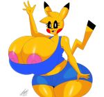  anthro big_breasts big_butt black_sclera bottomwear breasts butt clothing eyelashes female hi_res huge_breasts huge_hips itisjoidok looking_at_viewer mammal nintendo nipples pikachu pink_nipples pok&eacute;mon pok&eacute;mon_(species) rodent shorts simple_background thick_thighs video_games waving_at_viewer white_background wide_hips yellow_body 