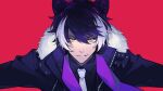  1boy 51olo animal_ears black_hair gloves hair_between_eyes holostars jackal_ears jacket kageyama_shien looking_at_viewer male_focus multicolored_hair necktie open_mouth purple_eyes short_hair smile streaked_hair virtual_youtuber white_hair yellow_eyes 