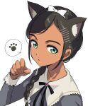  1girl :o animal_ears aonuma_neiru black_hair black_ribbon bow braid cat_day cat_ears commentary_request dark_skin dark_skinned_female dress green_eyes grey_dress hair_bow hair_ornament hair_over_shoulder hairband hairclip long_hair long_sleeves looking_at_viewer neck_ribbon niina_ryou open_mouth paw_pose ponytail ribbon simple_background single_braid solo speech_bubble spoken_paw upper_body white_background white_bow white_hairband wonder_egg_priority 